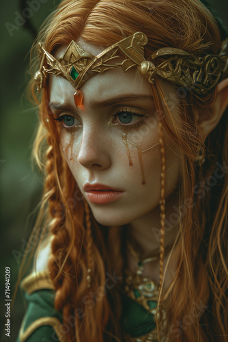 Regal Remorse: Tearful Forest Queen with Golden Crown and Braided Locks