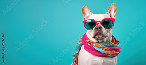 Stylish French Bulldog sporting trendy red sunglasses and a colourful scarf, epitomising cool pet fashion, green blue background, copy space . © 18042011