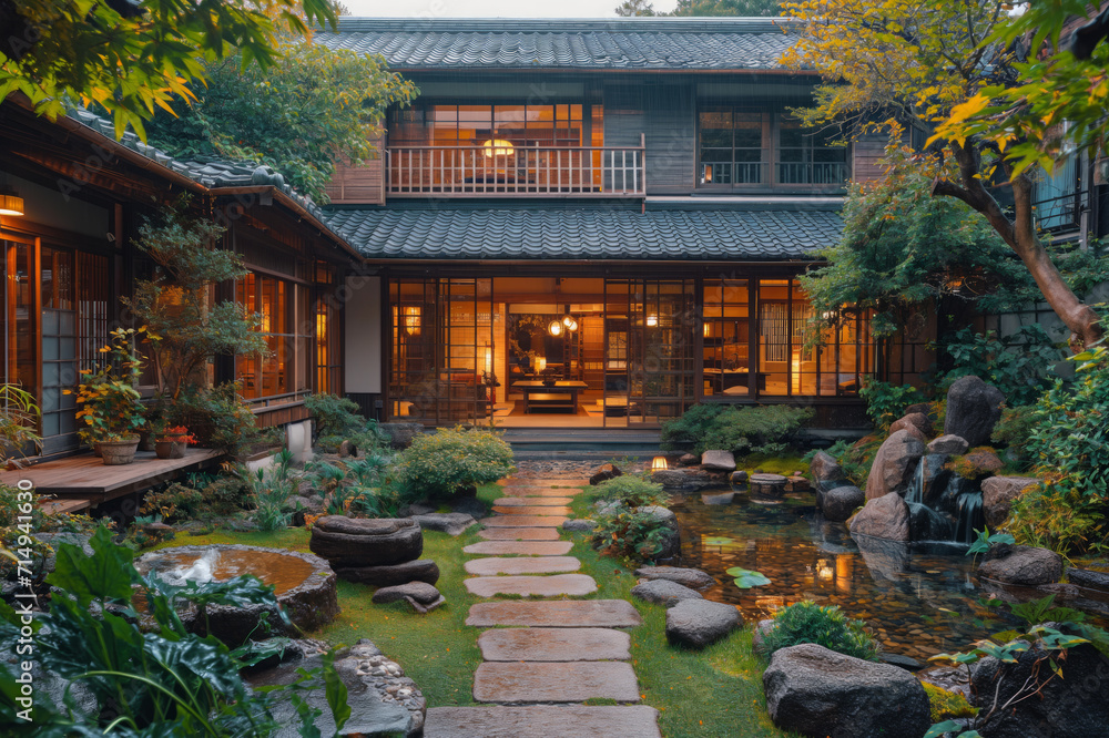 Japanese traditional house with backyard garden and pond Japanese traditional house with backyard garden and pond