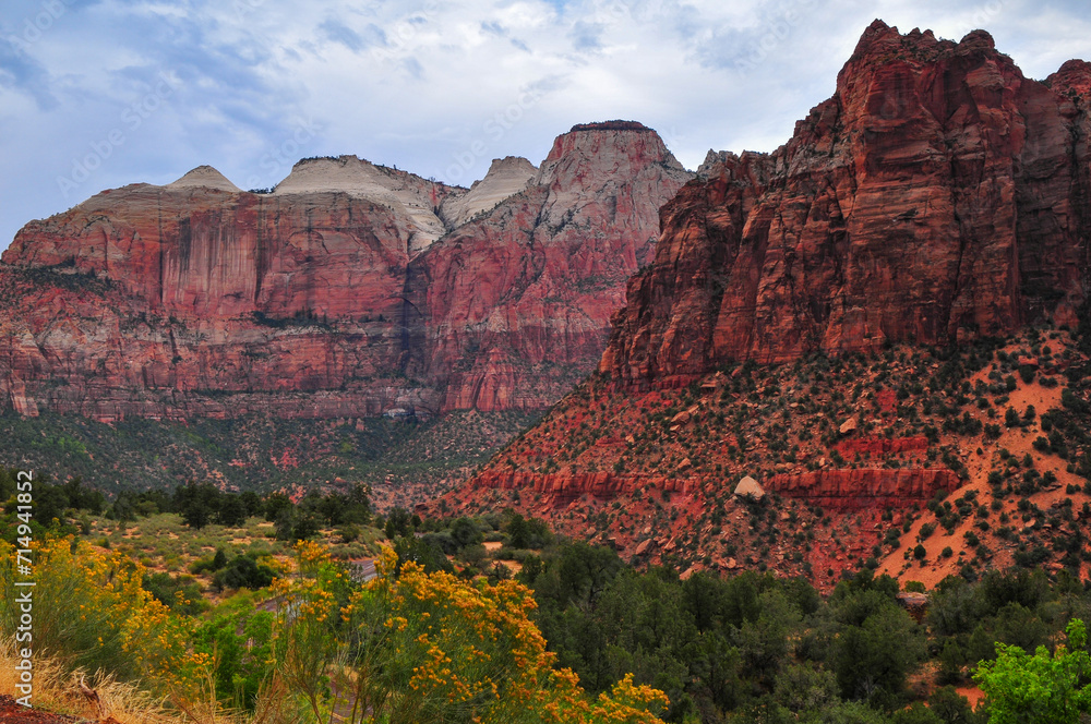 Overcast afternoon on The Sentinel and Mount Spry from the Zion-Mount Carmel Highway, Zion National Park, Utah, Southwest USA.