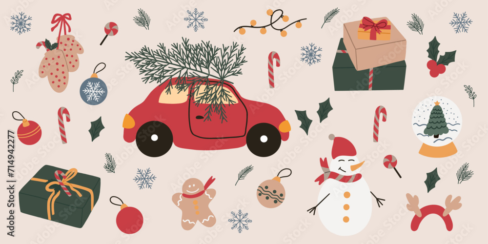 Naklejka premium Merry Christmas and Happy New Year elements. Cozy collection. Set of traditional winter symbols. Snowman, car, gifts, snowflake, gingerbread man and other. Happy holliday. Hand drawn vector design