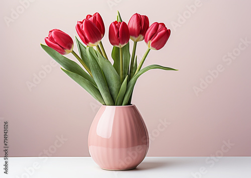 Elegance in Bloom: Red Tulips in Pink Vase