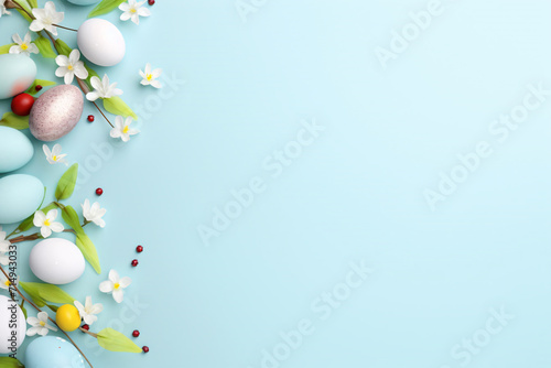 Easter eggs on blue background, empty space