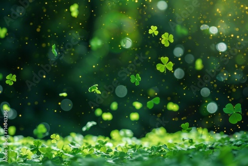 Abstract green blurred background with round bokeh for st patrick's day celebration with clover