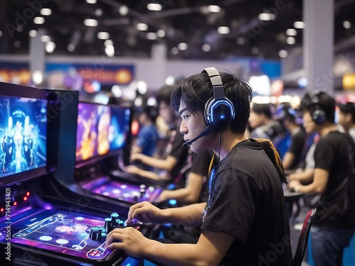 World region gaming expos, gaming industry events or gaming competition amusement, with many live-action players, and design. photo