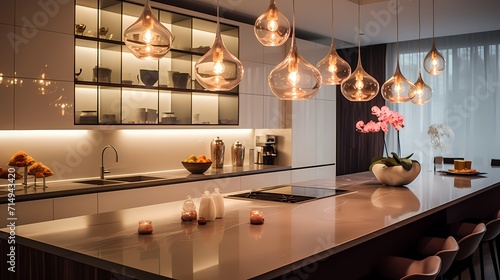 A modern kitchen with gleaming countertops  neatly arranged ingredients  and the warm glow of pendant lights above