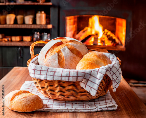 Sourdough, mother dough breads or yeast breads on a plate with kitchen towel inside the napkin on a wooden table with bakery oven in the background photo