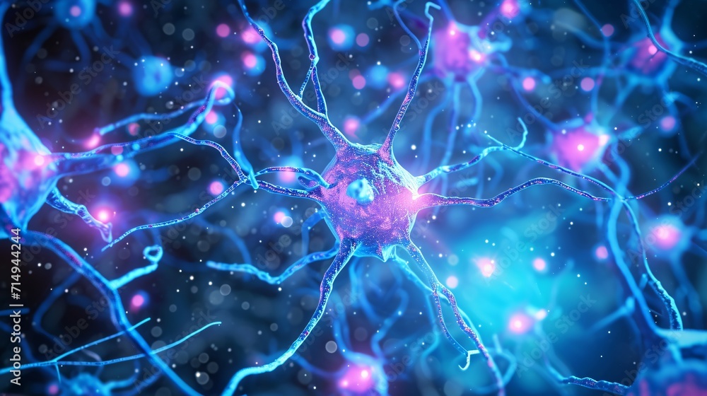 A close-up of a purple and blue nerve cell Generative AI