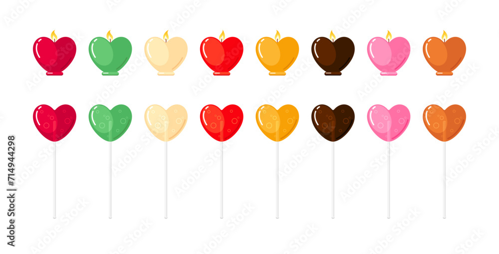 Lollipops in heart shape, candies on sticks with symbol of love. Cute candles with fire and spa aroma wax for relax, wedding, romantic gift on Valentine day. Set of vector flat cartoon illustration