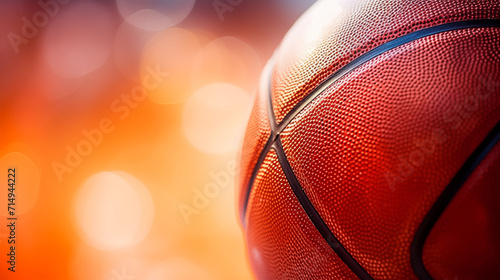 Gros plan, zoom sur une balle de basket orange. Macro, sport, basketball. Pour conception et création graphique. photo