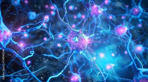A close-up of a purple and blue nerve cell Generative AI photo