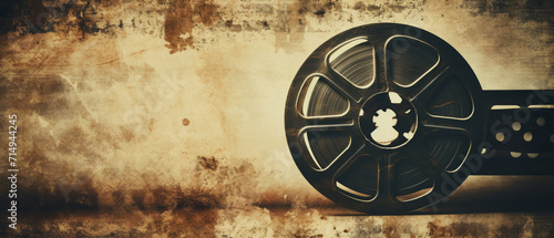 Banner with the texture of old vintage film film and reels. Cinematic nostalgia