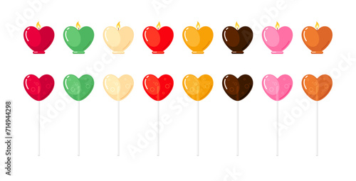 Lollipops in heart shape, candies on sticks with symbol of love. Cute candles with fire and spa aroma wax for relax, wedding, romantic gift on Valentine day. Set of vector flat cartoon illustration