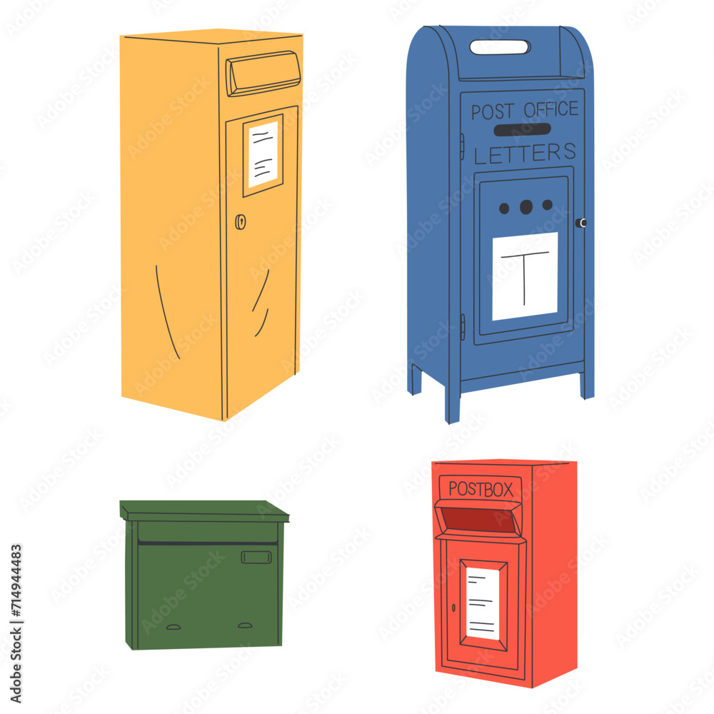 Vector set of mailboxes, letter boxes, pedestals for sending and receiving letters, correspondence, newspapers. Vector set of mailboxes, letter boxes, pedestals for sending and receiving letters, correspondence, newspapers.