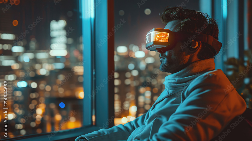 Man watching Goggles glasses sitting in the business office. Concept of tech startup people in workspace. City light at night background. Generative AI Man watching Goggles glasses sitting in the business office. Concept of tech startup people in workspace. City light at night background. Generative AI