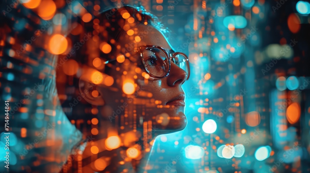 Woman in eyeglasses looking at program coding in the air at tech startup office. Generative AI Woman in eyeglasses looking at program coding in the air at tech startup office. Generative AI