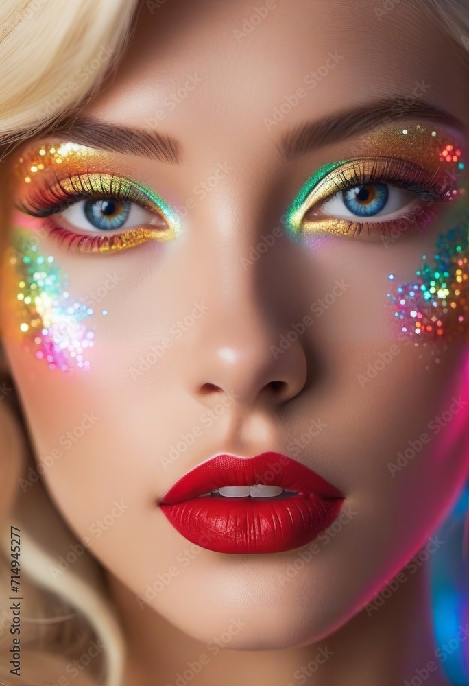 The image features a close-up of a woman with a bold makeup look, including multicolored glitter on her eyelids and lips. The woman's eyes are blue and she has blonde hair.