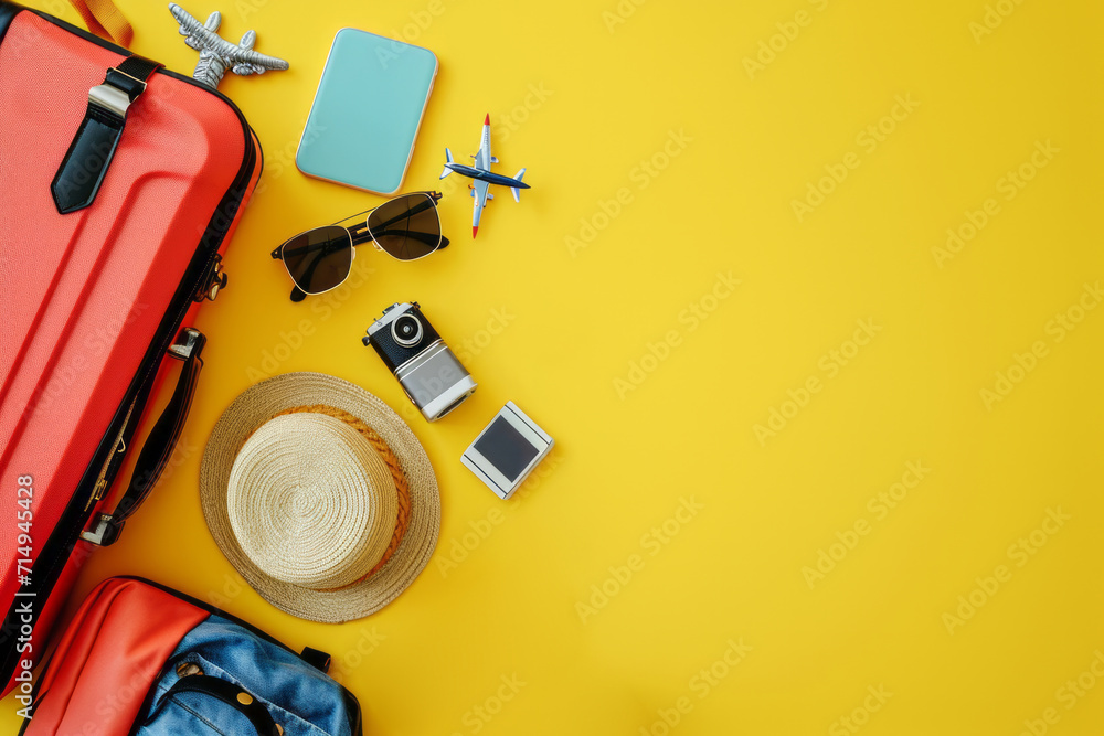 Suitcase with travel accessories, sunglasses, hat and camera on a yellow background with copy space for text. Travel concept, minimal style - obrazy, fototapety, plakaty 