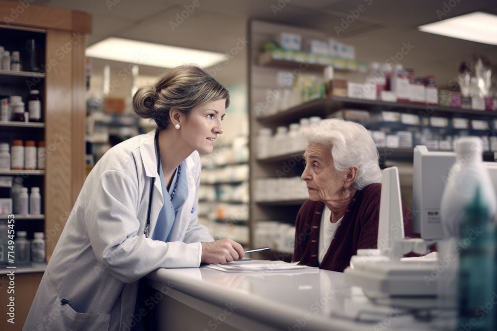 A girl at the pharmacy checking the prescription of an elderly lady.