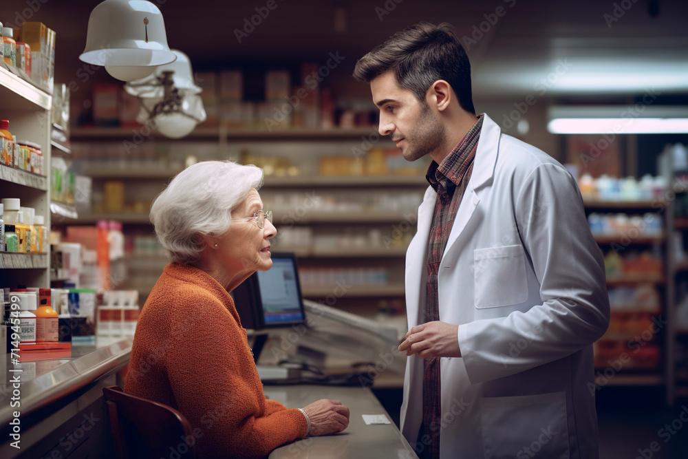 An elderly lady in a pharmacy attended by the Pharmacist An elderly lady in a pharmacy attended by the Pharmacist