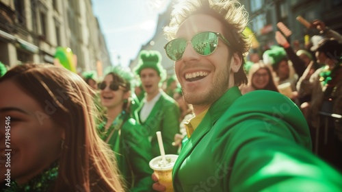 A group of motley happy and cheerful people in green suits at a city celebration in honor of St. Patrick's Day