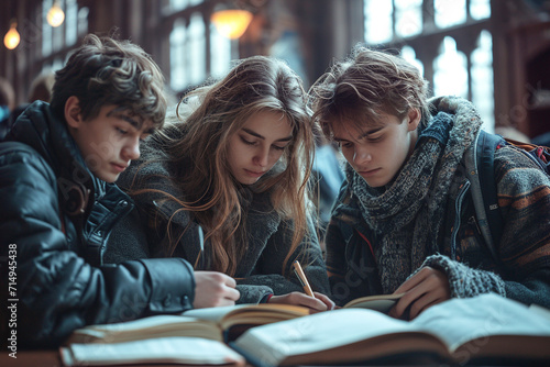 Three students preparing homework in the library