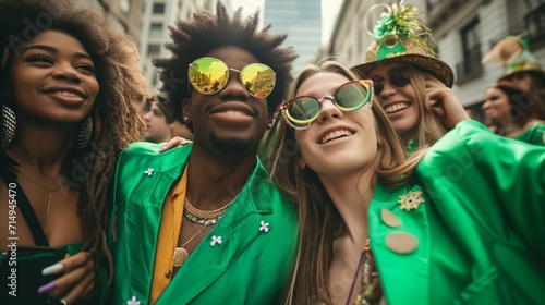 A group of international happy and cheerful people in green suits at a city celebration in honor of St. Patrick's Day