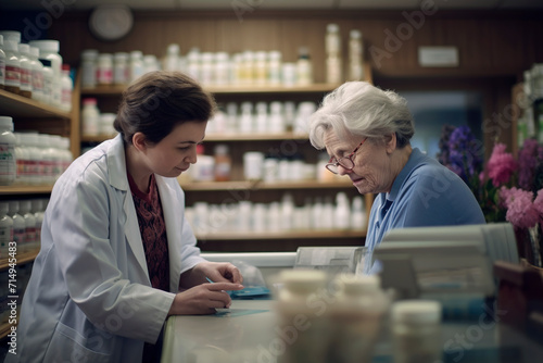 An elderly lady consulting with a pharmacist