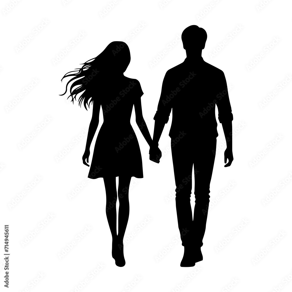 Vector illustration. Silhouette of a guy and a girl walking hand in hand. Date of lovers.