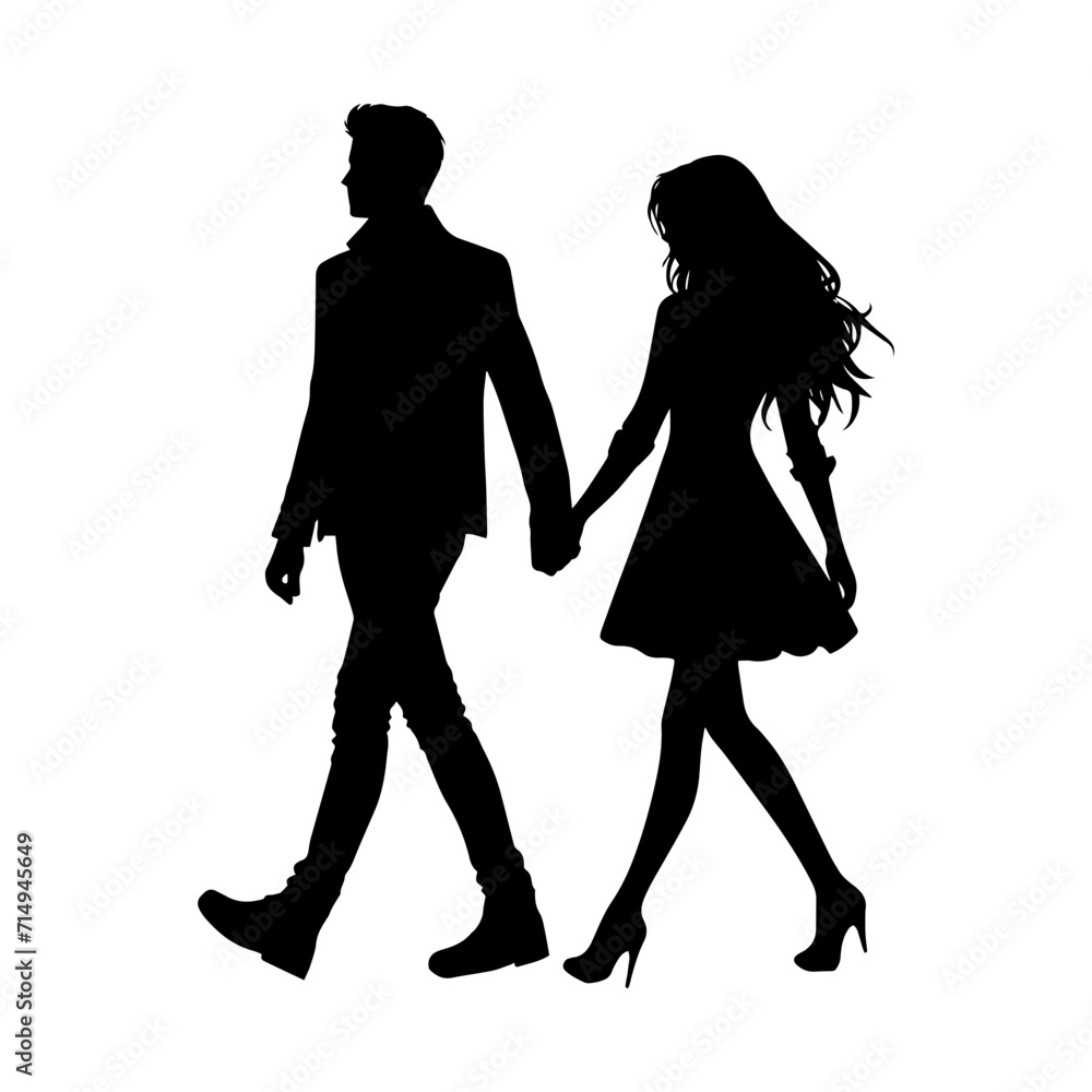 Vector illustration. Silhouette of a guy and a girl walking hand in hand. Date of lovers.