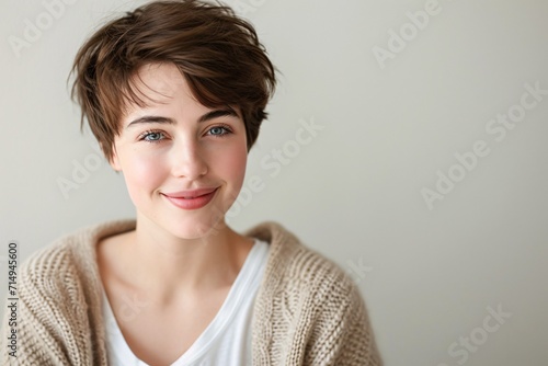 Young woman with short hair and blue eyes smiling for the camera. Generative AI