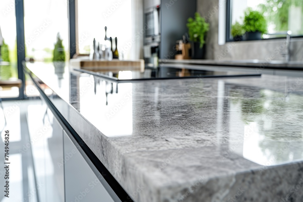 Obraz premium The island of the marble kitchen counter is a close-up for displaying products in the kitchen space