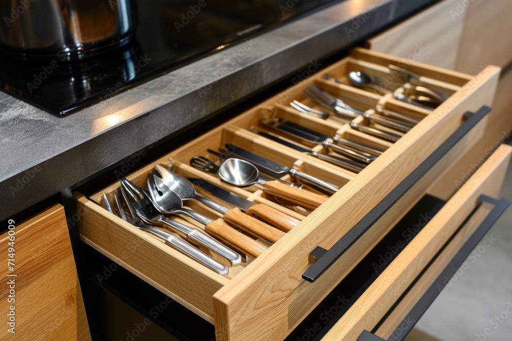 Open kitchen drawer with cutlery Open kitchen drawer with cutlery