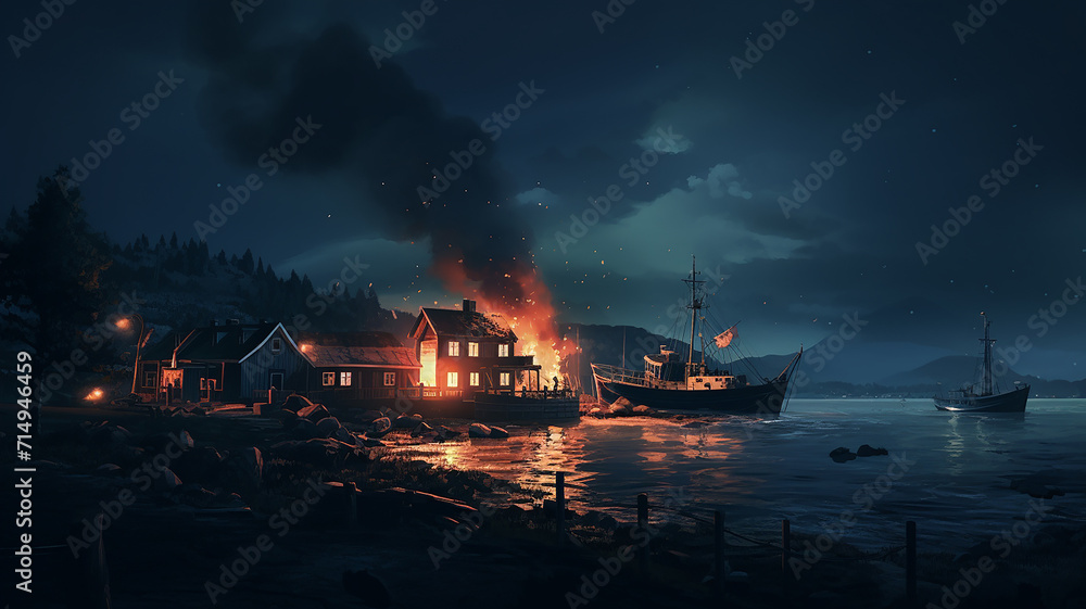 A burning house beside river in a ship by ai generative