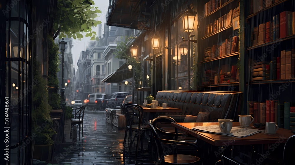 A quaint coffee shop corner with steaming cups, scattered open books, and cozy armchairs by a window overlooking the rain-soaked streets