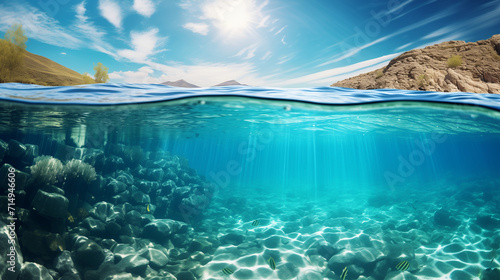 Split underwater view with sunny sky and serene sea, Ai generated image