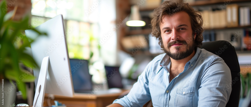Contemporary Home Office Setup: Smiling Bearded Man in Casual Attire with a Modern Computer in a Well-Lit Room Contemporary Home Office Setup: Smiling Bearded Man in Casual Attire with a Modern Computer in a Well-Lit Room