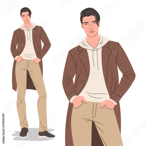 Vector fashion flat illustration of a handsome, young man. Male fashion model posing in a stylish coat.