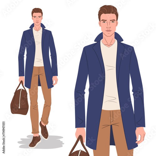 Vector fashion flat illustration of a handsome, young man walking. Male fashion model in a stylish Jacket.