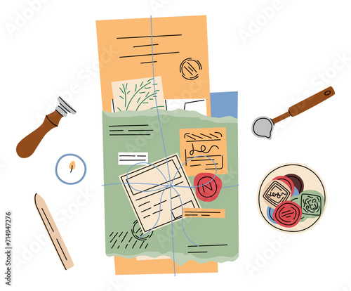 Vector illustration of funky retro airmail envelope with stamp isolated on white background