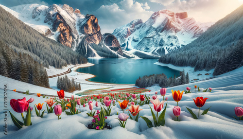 A picturesque landscape with colorful tulips emerging from snow, overlooking a serene lake surrounded by snowy mountains under a clear sky.Landscape concept. AI generated. #714947456