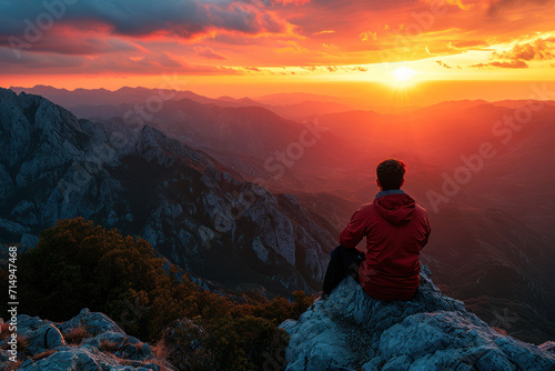 Tourist Relaxing on Mountain Peak with Breathtaking Sunset View