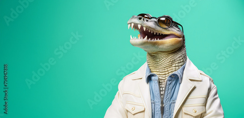 Hip crocodile in cool shades and a white jacket exudes style against a green background