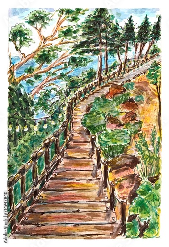 Wooden staircase to the mountains, watercolor landscape
