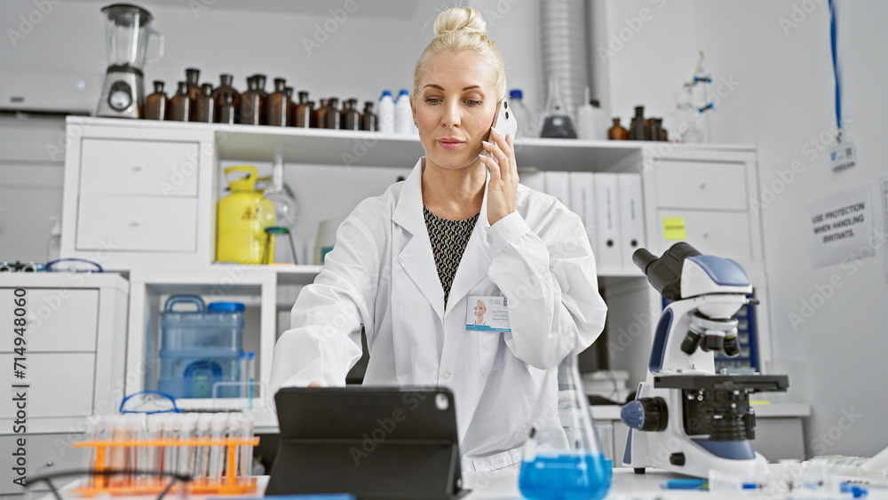 Captivating young blonde scientist engrossed in a serious conversation over smartphone, standing in busy lab, touchpad handy. expert at medical science research in a high-tech hospital laboratory. Captivating young blonde scientist engrossed in a serious conversation over smartphone, standing in busy lab, touchpad handy. expert at medical science research in a high-tech hospital laboratory.
