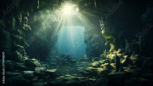Sun Light into the Underwater Cave, Ai generated image