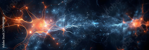 Abstract glowing neuron cells, concept of information transmitting in the brain