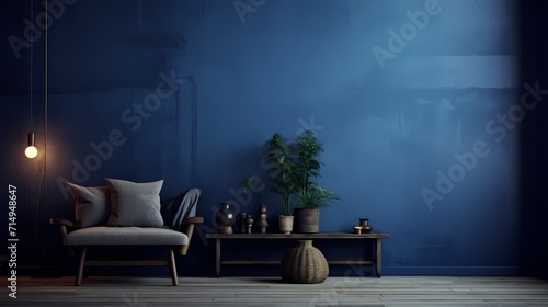 A rich indigo wall, under the soft glow of artificial lighting, presenting a refined simplicity.