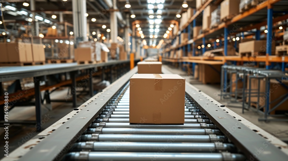 Boxes on a conveyor belt in a warehouse Generative AI