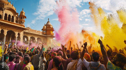 A vibrant explosion of powdered colors fills the air as a joyous crowd celebrates Holi in a city square. Faces smeared with bright hues, the dynamic movement, and the palpable ener photo